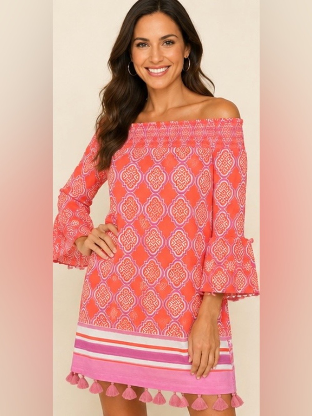 NWT Cabana Life Coverluxe Smocked Off Shoulder Dress Coral Pink L